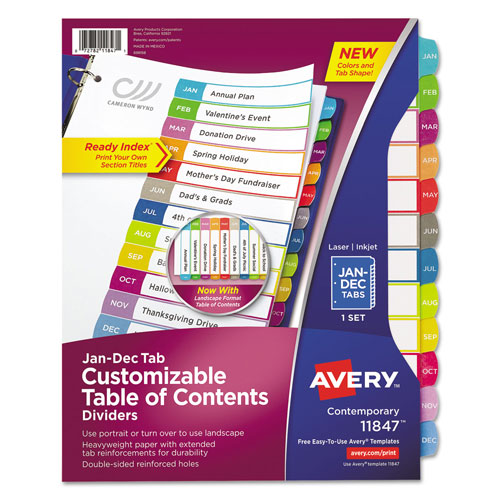 Avery Customizable TOC Ready Index Multicolor Dividers, Jan-Dec, Letter