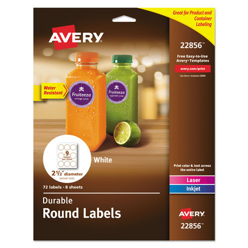 Avery Durable White ID Labels w/ Sure Feed, 2 1/2" dia, White, 72/Pk