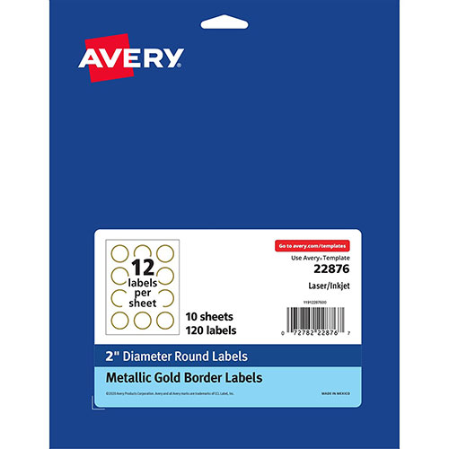 Avery Round Labels, 2" dia, White with Gold Border, 12/Sheet, 10 Sheets/Pack