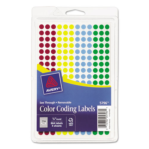 Avery Handwrite-Only Self-Adhesive "See Through" Removable Round Color Dots, 0.25" dia., Assorted Colors, 216/Sheet, 4 Sheets/Pack