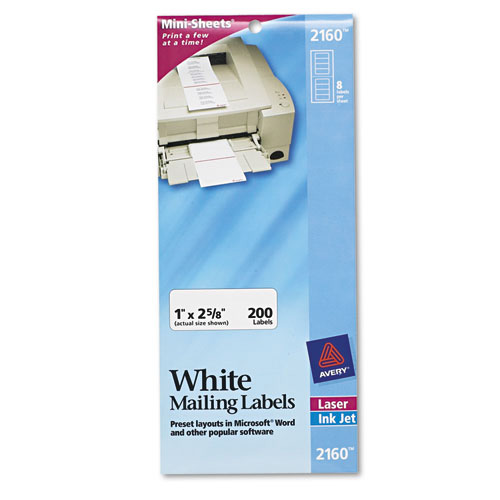 Avery Laser Labels, Address, 1"x2 5/8", 200 Count, White