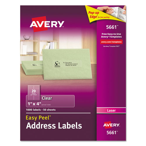 Avery Matte Clear Easy Peel Mailing Labels w/ Sure Feed Technology, Laser Printers, 1 x 4, Clear, 20/Sheet, 50 Sheets/Box