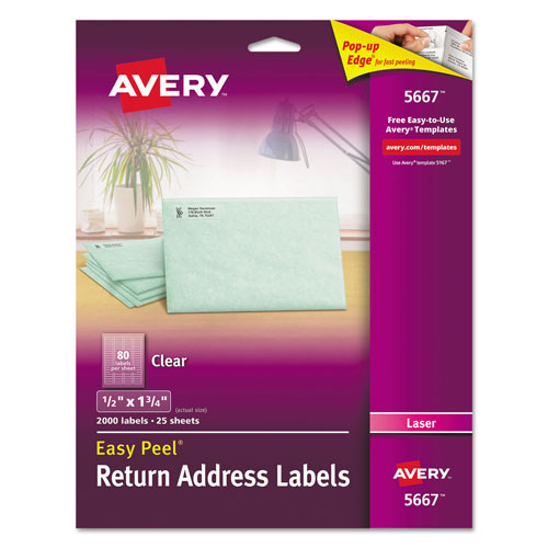 Avery Matte Clear Easy Peel Mailing Labels w/ Sure Feed Technology, Laser Printers, 0.5 x 1.75, Clear, 80/Sheet, 25 Sheets/Box