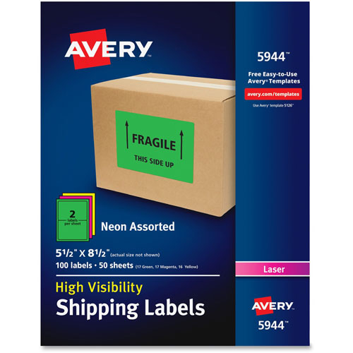 Avery Neon Shipping Label, Laser, 5 1/2 x 8 1/2, Neon Assorted, 100/Box