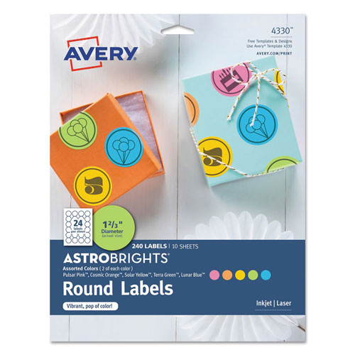 Avery Printable Color Labels with Sure Feed and Easy Peel, 1.66" dia., Assorted Colors, 24/Sheet, 10 Sheets/Pack