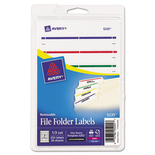 Avery Removable Filing Labels for Inkjet/Laser, 2/3 x 3-7/16, Assorted, 252/Pack