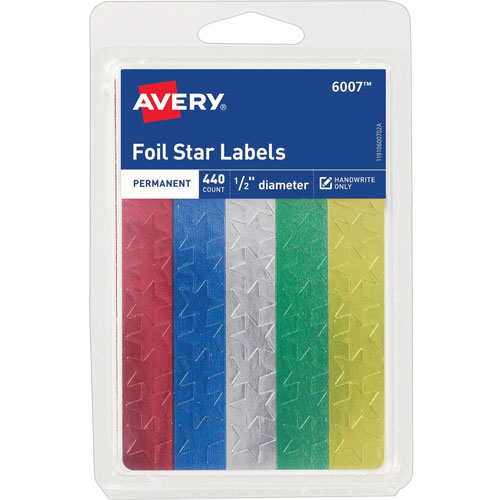 Avery Self Adhesive 1/2" Assorted Color Foil Stars, 440 per Pack