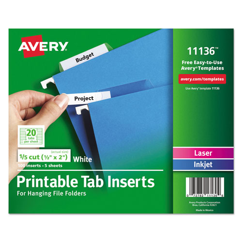 Avery Tabs Inserts For Hanging File Folders, 1/5-Cut Tabs, White, 2" Wide, 100/Pack