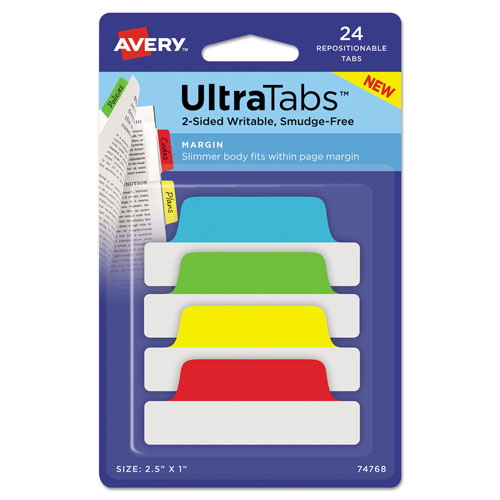 Avery Ultra Tabs Repositionable Margin Tabs, 1/5-Cut Tabs, Assorted Primary Colors, 2.5" Wide, 24/Pack