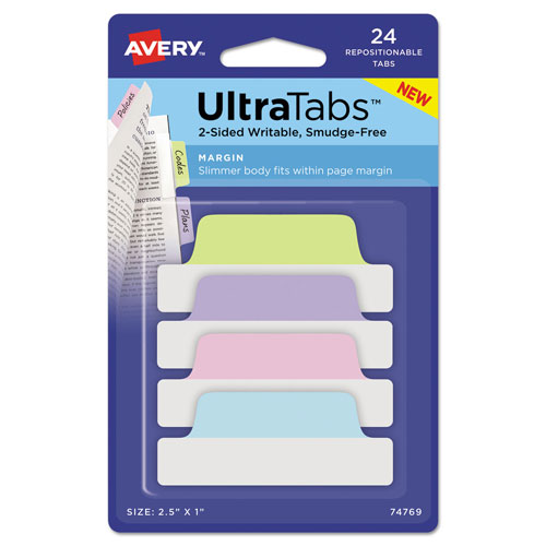 Avery Ultra Tabs Repositionable Margin Tabs, 1/5-Cut Tabs, Assorted Pastels, 2.5" Wide, 24/Pack