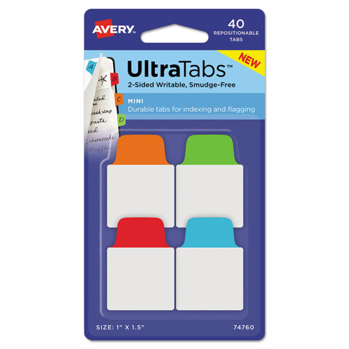 Avery Ultra Tabs Repositionable Mini Tabs, 1/5-Cut Tabs, Assorted Primary Colors, 1" Wide, 40/Pack