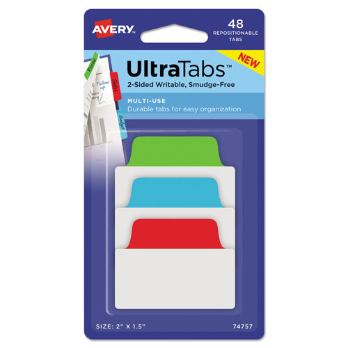 Avery Ultra Tabs Repositionable Standard Tabs, 1/5-Cut Tabs, Assorted Primary Colors, 2" Wide, 48/Pack