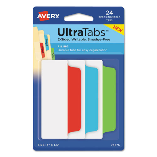 Avery Ultra Tabs Repositionable Wide Tabs, 1/3-Cut Tabs, Assorted Primary Colors, 3" Wide, 24/Pack