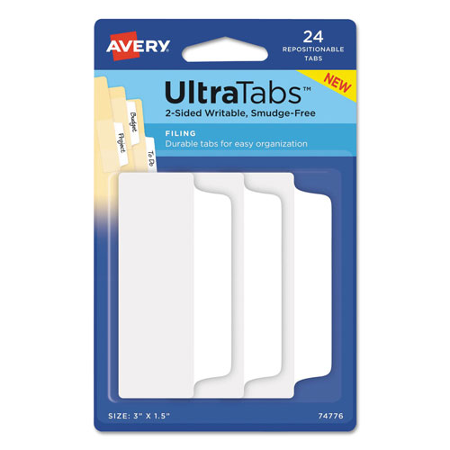 Avery Ultra Tabs Repositionable Wide Tabs, 1/3-Cut Tabs, White, 3" Wide, 24/Pack