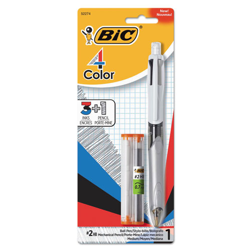 Bic 3 + 1 Retractable Ballpoint Pen/Pencil, Black/Blue/Red Ink, Gray/White Barrel