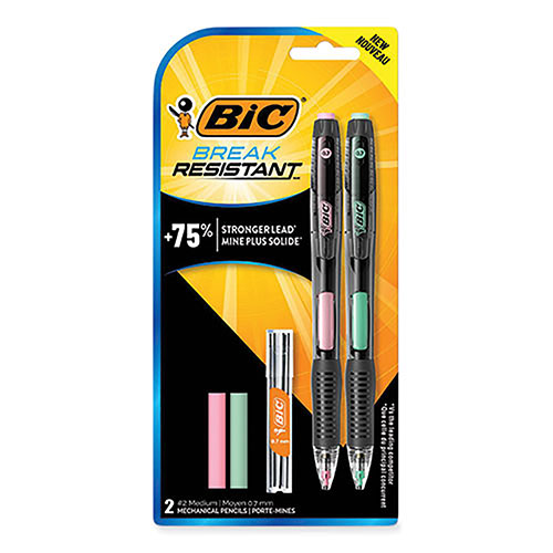 Bic Break-Resistant Mechanical Pencils with Erasers, 0.7 mm, HB (#2), Black Lead, Assorted Barrel Colors, 2/Pack