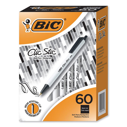 Bic Clic Stic Retractable Ballpoint Pen, Medium 1.2 mm, Black Ink, White Barrel, 60/Pack