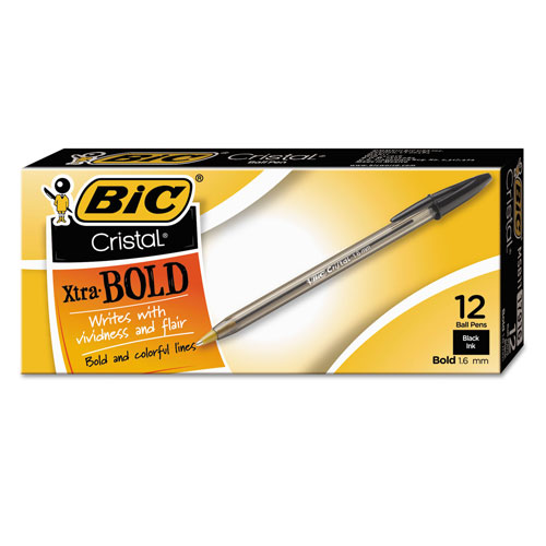 Bic Cristal Xtra Bold Stick Ballpoint Pen, 1.6mm, Black Ink, Clear Barrel, Dozen