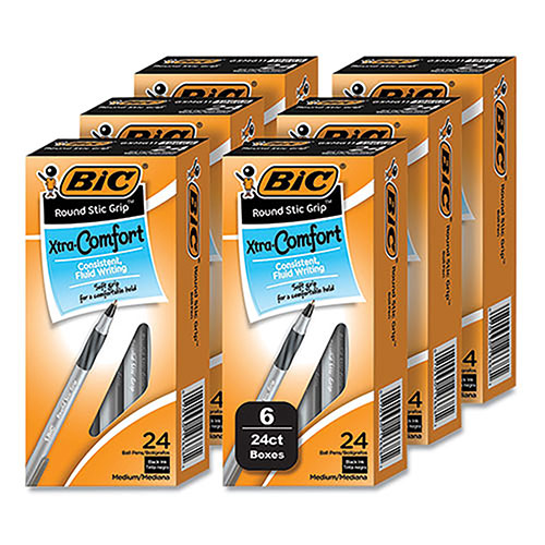 Bic Round Stic Grip Xtra Comfort Ballpoint Pen, Medium 1 mm, Black Ink, Gray/Black, 24/Box, 6 Boxes/Pack