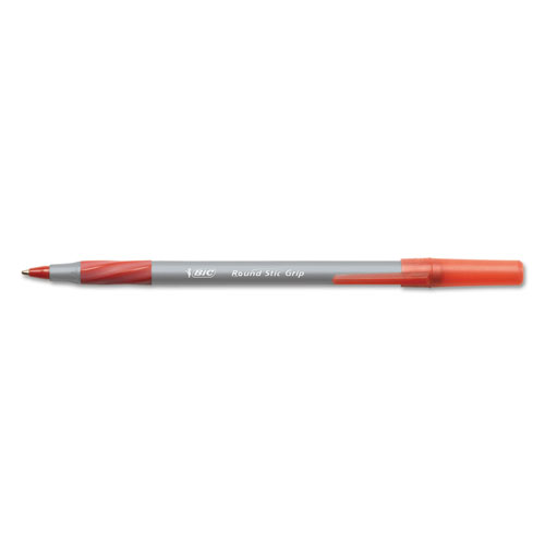 Bic Round Stic Grip Xtra Comfort Stick Ballpoint Pen, 1.2mm, Red Ink, Gray Barrel, Dozen