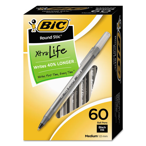 Bic Round Stic Xtra Life Stick Ballpoint Pen VP, 1mm, Black Ink, Smoke Barrel, 60/Box