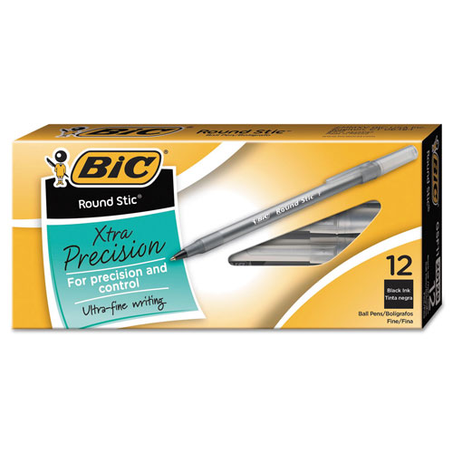 Bic Round Stic Xtra Precision Stick Ballpoint Pen, 0.8mm, Black Ink, Smoke Barrel, Dozen