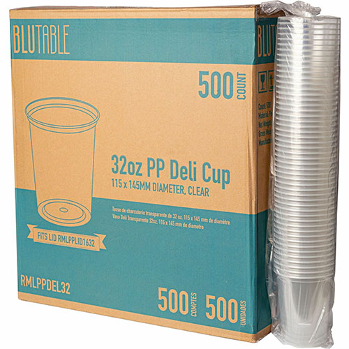 BluTable 32 oz Round Deli Tub Containers, Clear, Round, 500/Carton