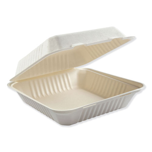 Boardwalk Bagasse Molded Fiber Food Containers, Hinged-Lid, 1-Compartment 9 x 9, White, 100/Sleeve, 2 Sleeves/Carton