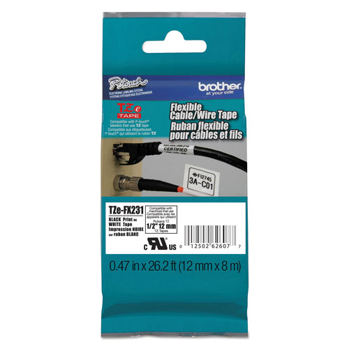 Brother Flexible ID Tape, 0.47" x 26.2 ft, Black on White