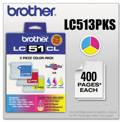 Brother LC513PKS Innobella Ink, 400 Page-Yield, Cyan/Magenta/Yellow, 3/PK