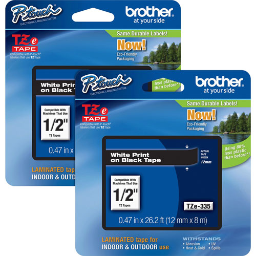 Brother P-touch TZe Laminated Tape Cartridges, 1/2", 2/BD, White/Black