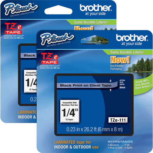Brother Tape Cartridge, Laminated, f/P-Touch 8m, 1/4", 2/BD, Black/CL