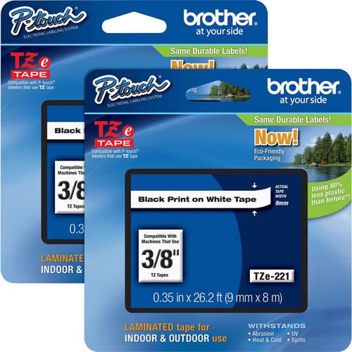 Brother Tape Cartridge, Laminated, f/P-Touch 8m, 3/8", 2/BD, Black/WE