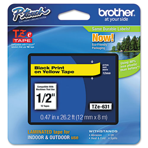 Brother TZe Standard Adhesive Laminated Labeling Tape, 0.47" x 26.2 ft, Black on Yellow