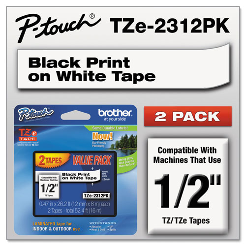 Brother TZe Standard Adhesive Laminated Labeling Tapes, 0.47" x 26.2 ft, Black on White, 2/Pack