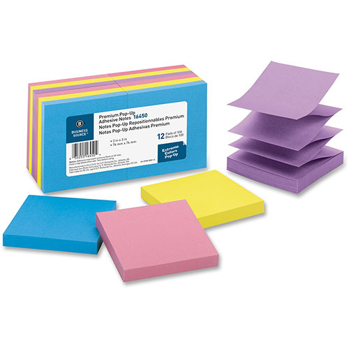 Business Source Adhesive Note Pads, Pop-up, 3" x 3", 100 Sh, Extreme Assorted
