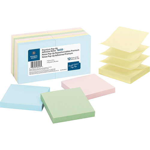 Business Source Adhesive Note Pads, Pop-up, 3" x 3", 100 Sh, Pastel