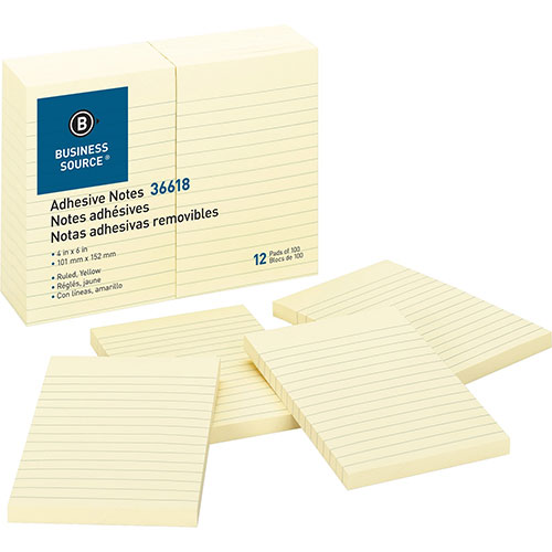 Business Source Adhesive Notes, Ruled, 4" x 6", Yellow