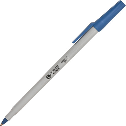 Business Source Ballpoint Stick Pens, Med Pt, Lt Gray Barrel, Blue Ink