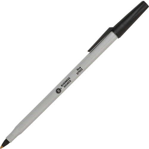 Business Source Ballpoint Stick Pens, Fine Pt, Light Gray Barrel, Black Ink