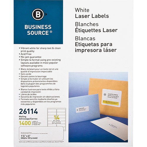 Business Source Label, Mailing, Laser, 1-1/3x4", 1White