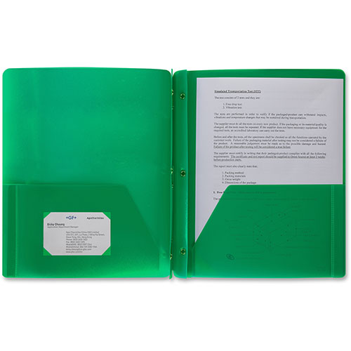 Business Source Poly Portfolio, 3 Prong, 2 Pockets, Letter, .3mil, Green