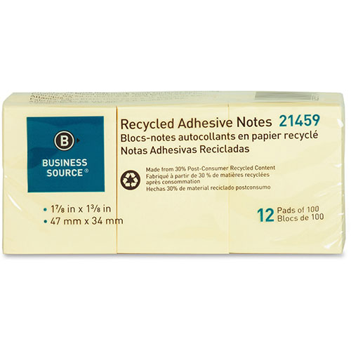 Business Source Recycled Notes, 1" x 2-1/2", 12/PK, Yellow