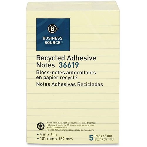 Business Source Recycled Notes, 4" x 6", 5/PK, Yellow