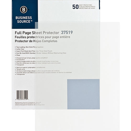 Business Source Sheet Protector, Top Loading, 8-1/2" x 11", 50/BX, Clear