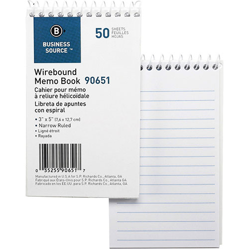 Business Source Wirebound Memo Book, End Spiral, 50 Sheets, 3"x5", 12/Pack, White