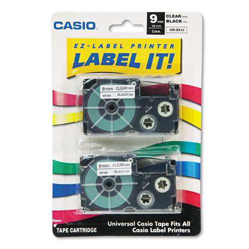 Casio Tape Cassettes for KL Label Makers, 0.37" x 26 ft, Black on Clear, 2/Pack