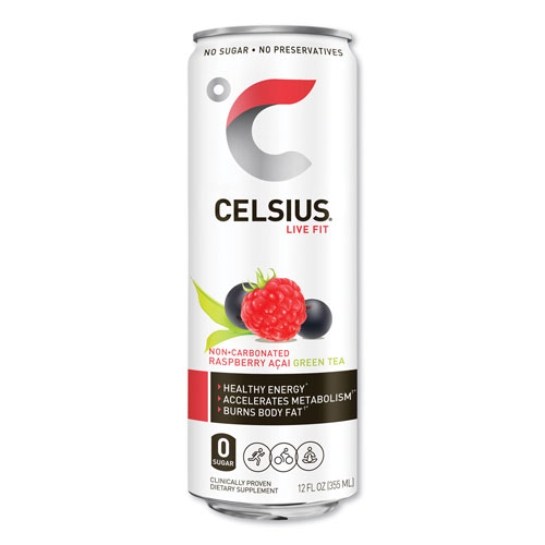 Celsius® Live Fit Fitness Drink, Raspberry Acai Green Tea, 12 oz Can, 12/Carton