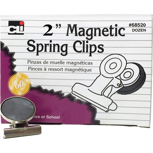 Charles Leonard Magnetic Spring Clips, 2", 12/BX, Chrome