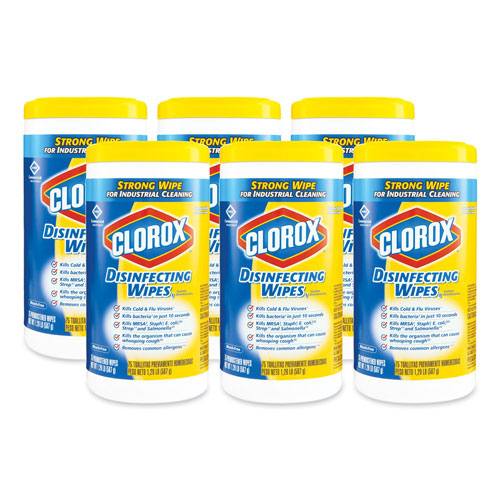 Clorox Disinfecting Wipes, 7 x 8, Lemon Fresh, 75/Canister, 6/Carton